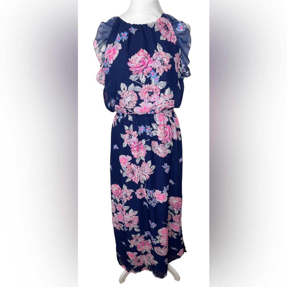 Navy Pink Floral Chiffon Maxi Dress Romantic Cottagecore Spring Wedding Guest Md - Picture 2 of 14